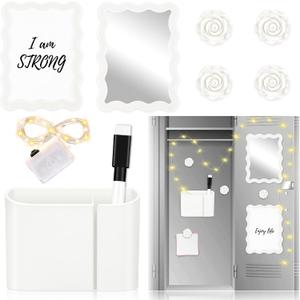 9 Pieces Magnetic Locker Accessories Kit White Back to School Essentials Includes Whiteboard Mirror and Organizing Supplies Cute Locker Shelf for School Locker