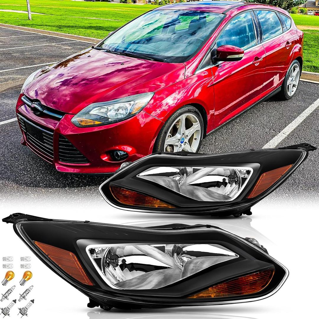 Headlights Assembly Pair with Bulbs for 2012 2013 2014 Ford Focus Halogen Front Headlamps Head Lights Replacement Driver and Passenger Side (LH RH),Black Housing Amber Reflector