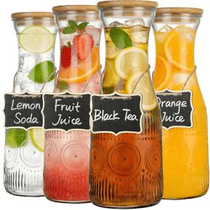 YOUEON 4 Pack Glass Carafe with Lid, 1 Liter Beverage Pitchers Carafes for Mimosa Bar with Bamboo Lids and Chalkboard Tags, Clear Water Juice Carafe, Wide Mouth & Easy to Grip
