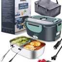 Buddew Electric Lunch Box 80W Food Heater for Adults, 12/24/110V Portable Lunch Warmer Upgraded Heated Lunch Box for Car/Truck/Office with SS Fork&Spoon and Insulated Carry Bag (Green)