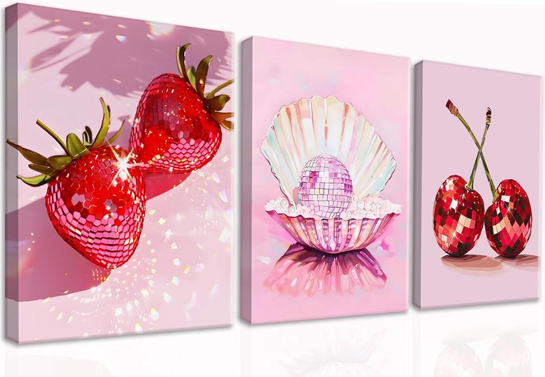Hot Pink Disco Canvas Wall Art Set of 3, Trendy Strawberries Cherries Fruit Wall Decor Paintings, Funky Preppy Cute Seashell Posters Prints Pictures for Girl Dorm Bedroom 12x16 Inch Framed