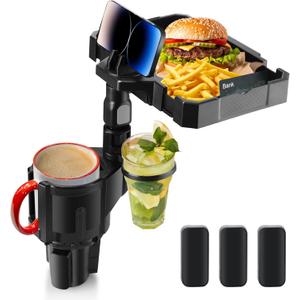Car Cup Holder Tray - 4 in 1 Drink Holder Expander with Expandable Food Tray Table and 360 Phone Stand for Cars, Adjustable Dual Cups Holders Extender for Drive Road Trip