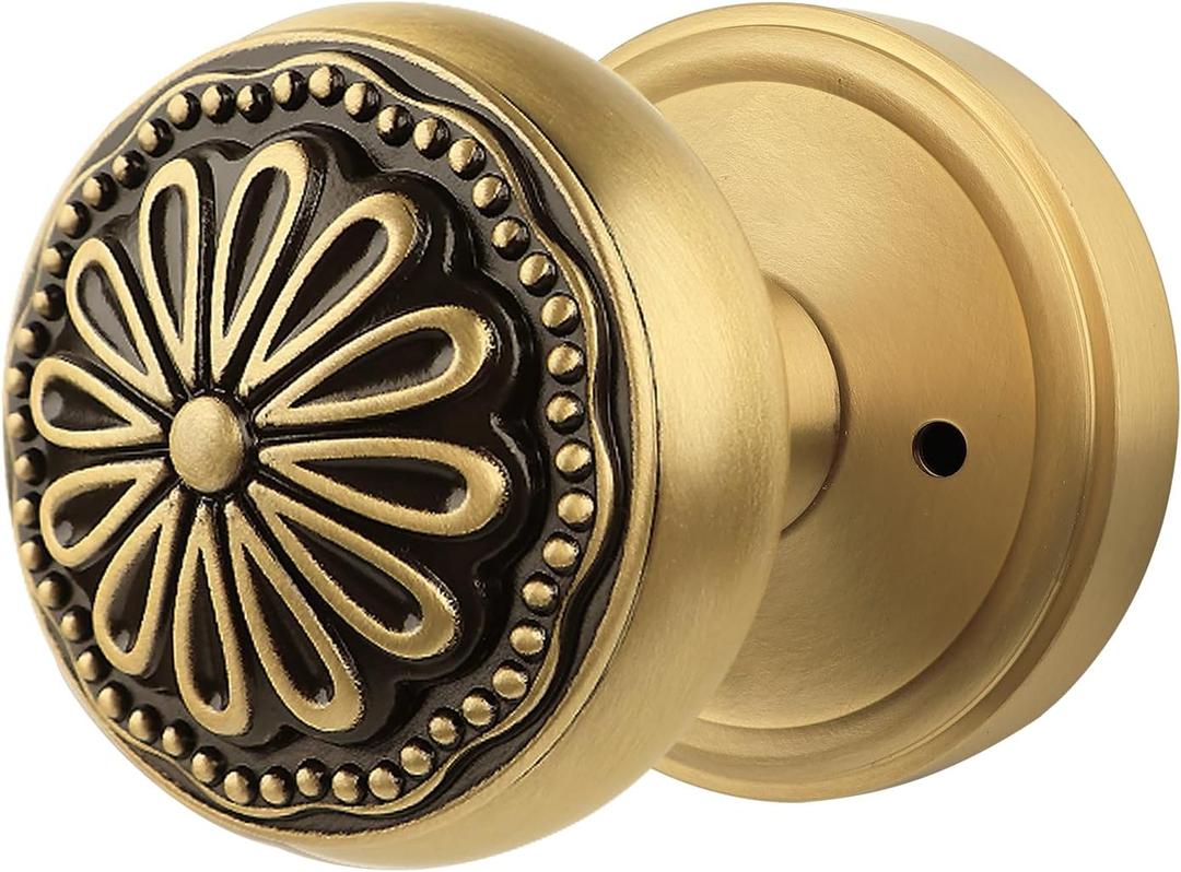 Black and Brushed Brass Door Knobs  Privacy Interior Handle with Floral Medallion, Elegant Art Deco Style for Bedroom and Bathroom Doors (Black and Brushed Brass, Privacy-2.375)