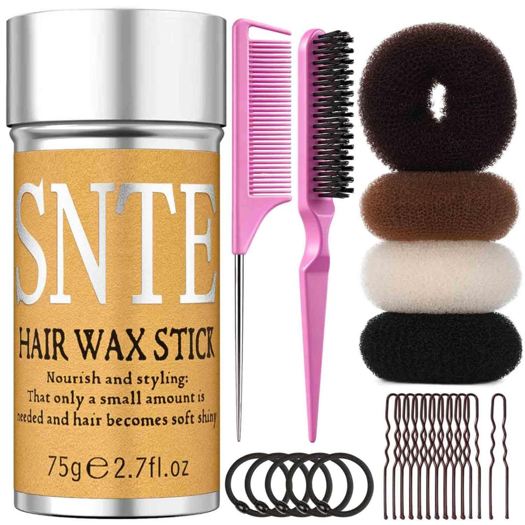 Hair Bun Maker for Kids, Girls & Women - Controls Frizz, Smooths Flyaways, Creates Buns & Updos - 4 Black Donut Sock Buns in Sizes, 1 Hair Wax Stick, 5 Elastic Bands, 10 Hairs Pins, 2 Style Brushes