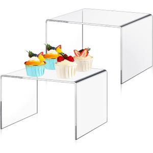 RattanView 2 Pcs 8 Inch Large Acrylic Risers Display Stands 5 mm Thick Acrylic Shelf Riser Showcase for Collectibles Jewelry Cupcakes Food Figures Perfume Cabinet (Clear)