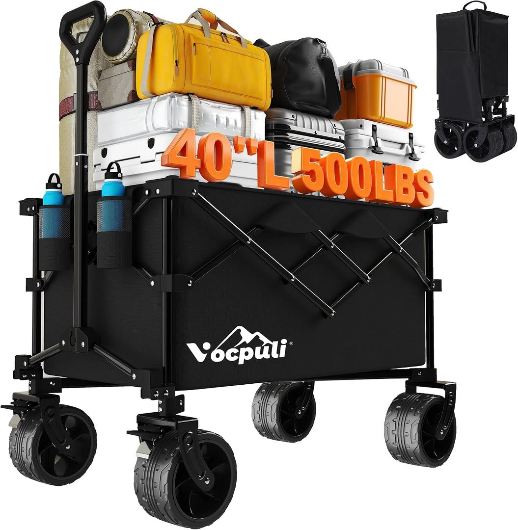 40" L Collapsible Wagon Cart Foldable, 500lbs Weight Capacity 250L Heavy Duty Folding Beach Wagons with Big All-Terrain Wheels, Utility Carts for Groceries, Shopping, Camping, Sports - Black