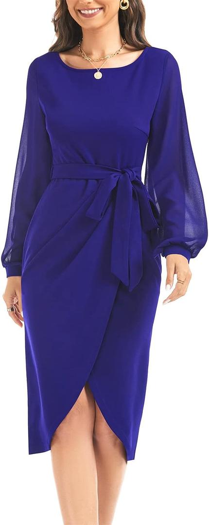 HELYO Women's Elegant V-Back Chiffon Long Sleeve Sheath Dresses Belted Ruched Casual Work Cocktail Party Midi Dress (Medium, Royal Blue)