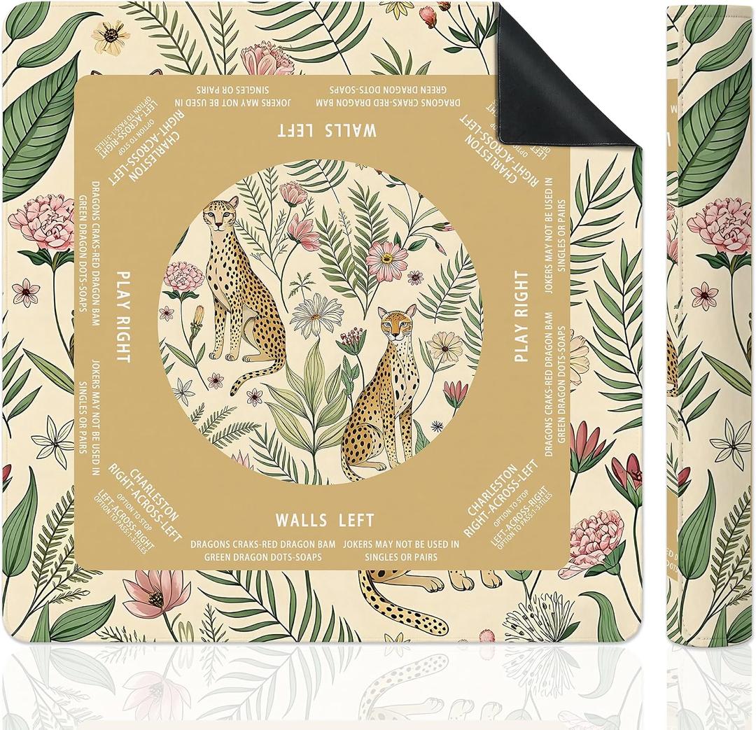 Tropical Floral Botanical Leopard Mahjong Mat for Table, Maximalist Jungle Animal Cheetah 31.5" x 31.5" Non-Slip & Noise Reduction Mahjong Mat for Poker Dominoes Cards & Board Games