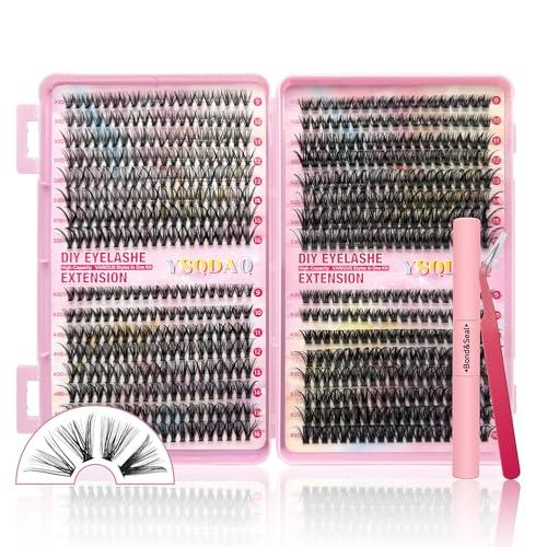 DIY Lash Clusters Kit, 640 Pcs Lash Extension Kit 9-16mm Individual Lashes D Curl Fluffy Wispy False Eyelashes with Lash Bond and Seal, Lash Tweezers for Self Use (30D&40D&50D&60D, 0.07D, 9-16mm, Kit)