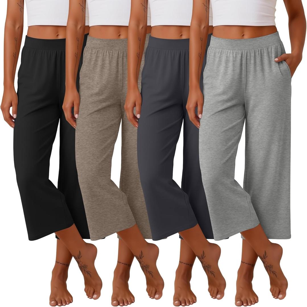 Neer 4 Pack Women's Capri Pants Wide Leg Capris Yoga Sweatpants Lounge Loose Fit High Waist Workout Cropped Pants with Pocket (Brown, M)