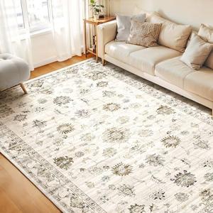 Machine Washable 9X12 Area Rugs for Living Room Rug, Bedroom Kitchen Rugs, Vintage Carpet Kitchen Rugs Non-Slip Stain Low Pile Resistant Floor Carpet Indoor Entryway Rug, Camel