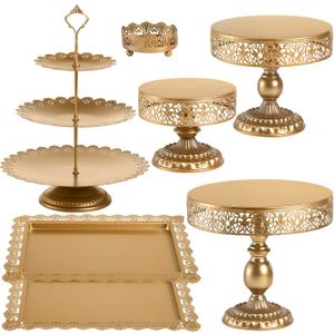 Lyellfe Set of 7 Gold Cake Stand, Metal Cake Stand Set for Dessert Table, Decorative Dessert Display Set for Birthday Party, Wedding, Afternoon Tea, Festival