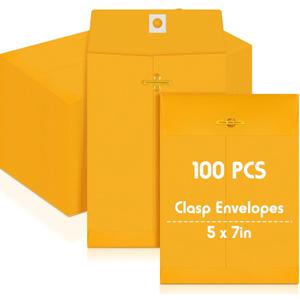 Geyee 100 Pcs 5 x 7" Clasp Envelopes Manilla Gummed Mailing Envelopes Clasp Closure 28 lb Kraft Paper for Document School Office Business Home