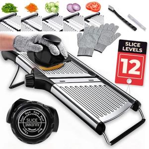 Gramercy Adjustable Mandoline Food Slicer, Mandoline Slicer for Kitchen, Mandolin, Potato, Tomato, Carrot, Vegetable, Fruit and Onion Cutter - Stainless Steel - INCLUDING 1 Pair Cut-Resistant Gloves (PRO Black, Black PRO)