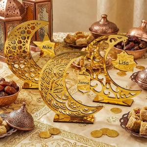 Vicenpal 3 Pcs Acrylic Eid al-Adha Decorations Eid Mubarak Table Sign Ramadan Moon Hollow Star Ornament for Muslim Party Tabletop Decor Home Craft Decoration Golden Moon