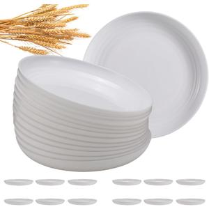 12 Pcs Unbreakable Deep Dinner Plates Set, 10 inch Reusable Plastic Wheat Straw Plates, Microwave and Dishwasher Safe Plate for Kitchen, Lightweight Plate for Dessert, BPA Free, White