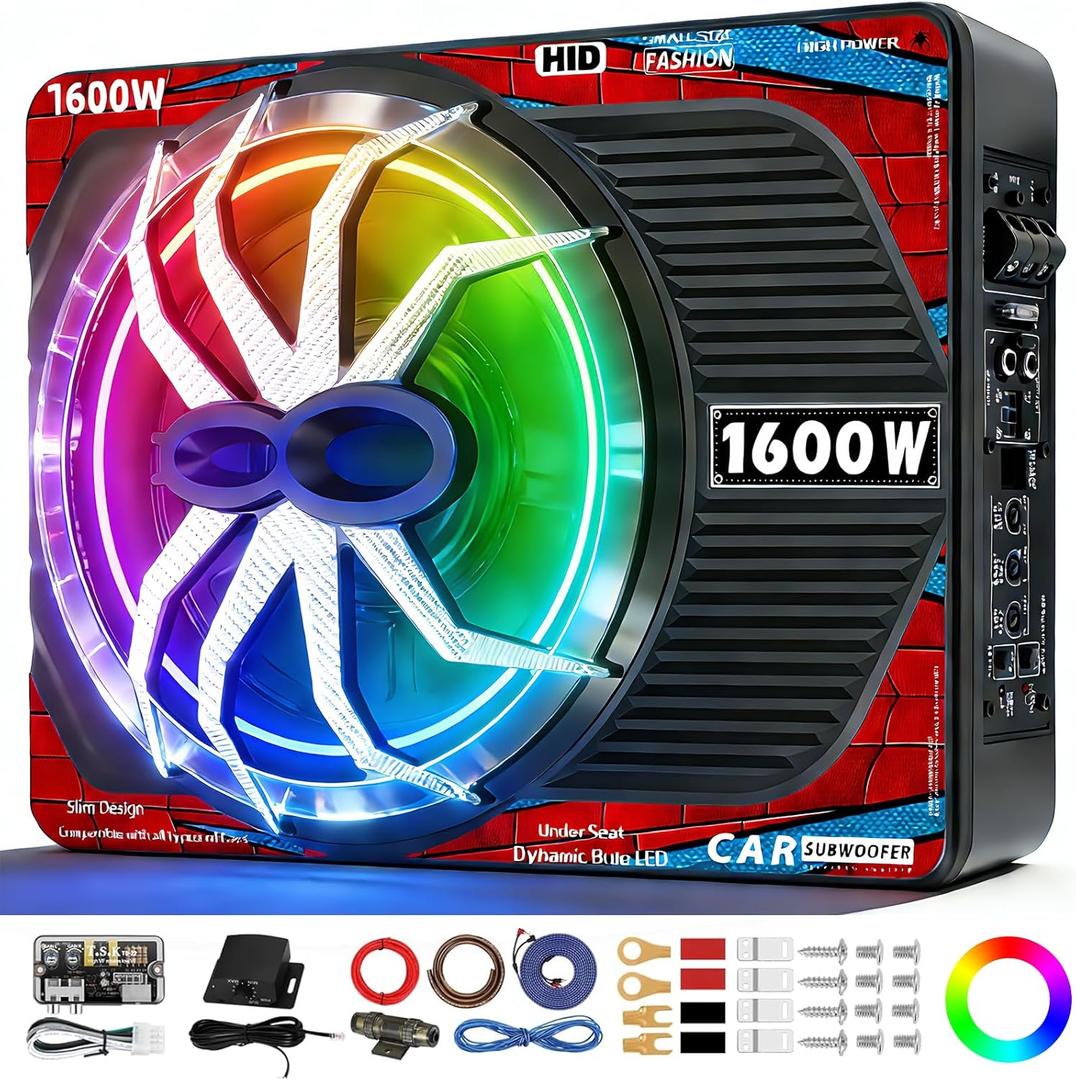 1600W Slim Underseat Car Subwoofer and Amp Package with RGB Beat-Synced Light, Under Seat Subwoofer with Built-in Amp, Class D Powered Subwoofer Car Audio, Deep Bass Subwoofer for Car/Truck