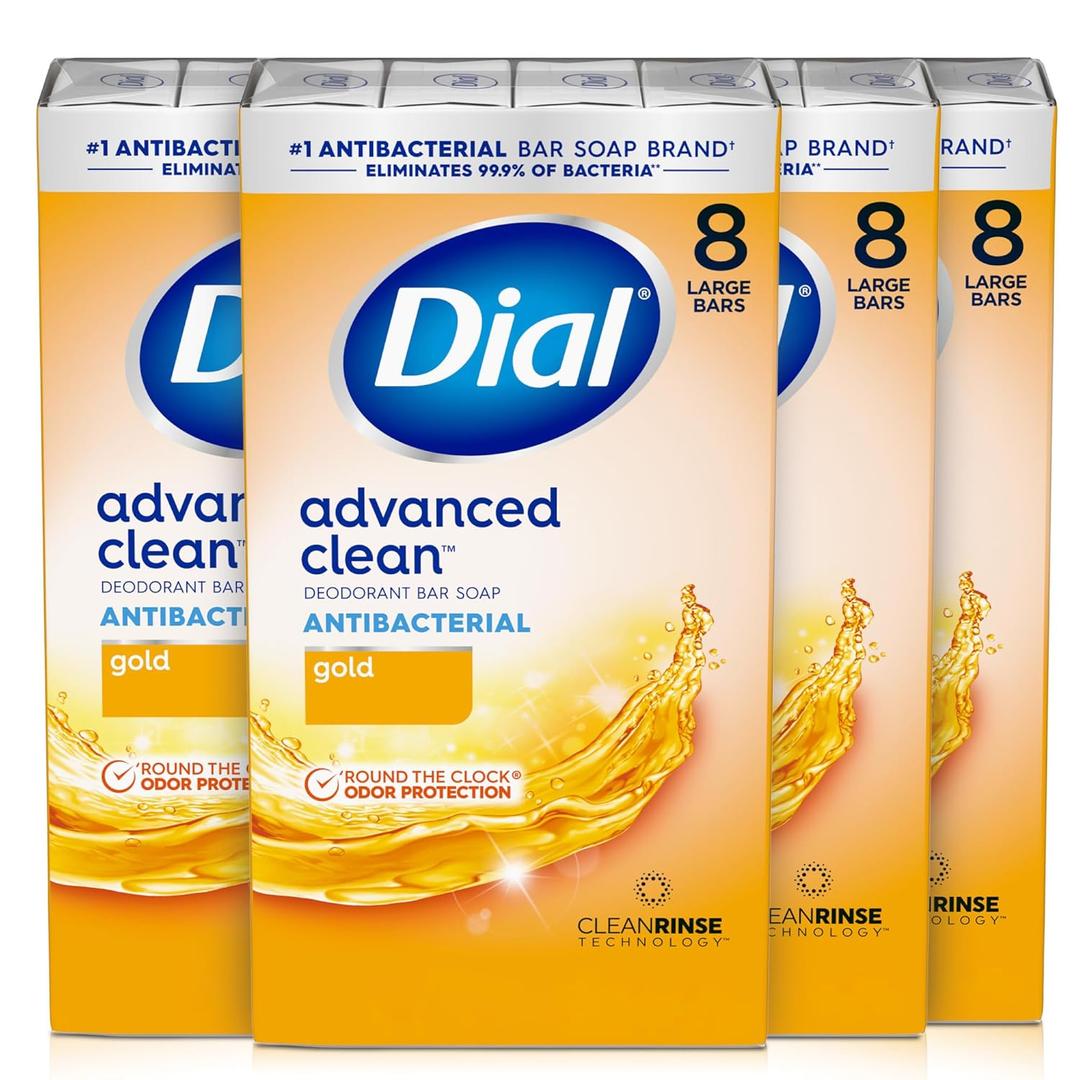 Dial Antibacterial Deodorant Bar Soap, Advanced Clean Gold, 4 Oz, 32 Bars, Round the Clock Odor Protection, Dermatologist Tested, With Clean Rinse Technology
