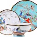12-Piece Bone China Dinnerware Set for 4, Vintage Turquoise Peacock Floral Plates and Bowls with Hand-Painted Gold Trim, Oriental Tableware, Dishwasher Safe for Daily & Formal Occasions
