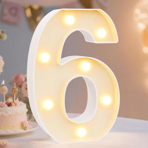 Pooqla Decorative LED Light Up Number Letters, White Plastic Marquee Lights Sign Party Wedding Decor, Battery Operated (6) (8.86 in)