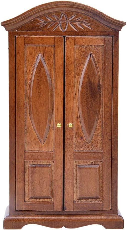 SPYMINNPOO Dollhouse Wooden Wardrobe, 1:12 Scale Mini Vintage Wooden Double Door Closet Wardrobe Dolls House Accessory Dollhouse Furniture(Brown)