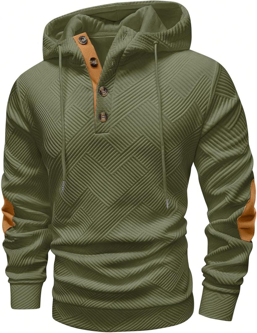 Vssjavun Mens Pullover Hoodie Casual Textured Long Sleeve Half Button Hooded Sweatshirt Army Green (Green, XL)