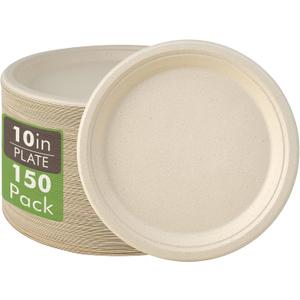 Vplus 150 Pack Compostable Disposable Paper Plates 10 inch Super Strong 100% Bagasse Natural Biodegradable Eco-Friendly Sugarcane Plates(nature)