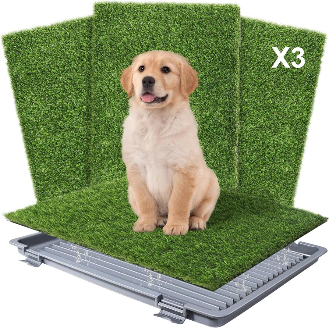 Product Image Dog Grass Pad with Tray: 3 Pack Grass Pee Pads for Dogs Potty for Puppy Training, Artificial Turf for Dogs with Collection Tray for Indoor /Outdoor /Patio /Balcony, 22"x18" Gray Tray 