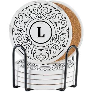 Onebttl Monogrammed Coaster Gifts Set of 6, Initial Letter, Ceramic, Absorbent with Cork Base, Home Decor for Family, Housewarming, Thanksgiving, Friends, Birthday, Christmas - L