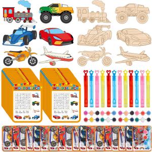 24 Sets Race Car Party Favors Monster Truck Transportation Airplane DIY Wood Painting Craft Kit with Bubble Wand & Word Search Cards for Birthday Party Activity Goodie Bag Gift Prize