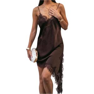 MakeMeChic Women's Lace Satin Asymmetrical Tops Spaghetti Strap Contrast Mini Dress (Brown, Small)