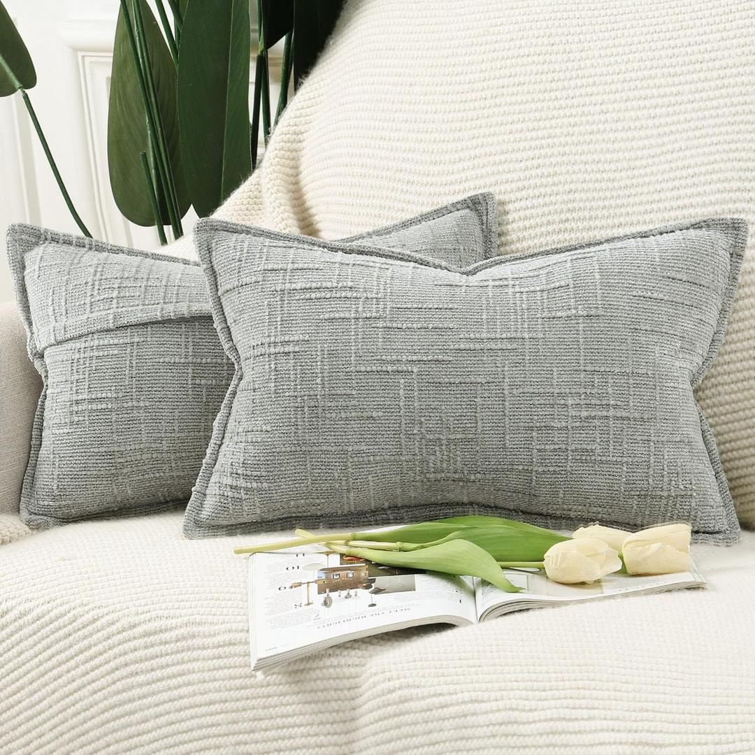 MADIZZ Pack of 2 Chenille Throw Pillow Covers 12x20 Inch Grey Soft Neutral Decorative Throw Pillows for Couch Sofa Boho Accent Cushion Covers Modern Farmhouse Home Decor for Bedroom Living Room