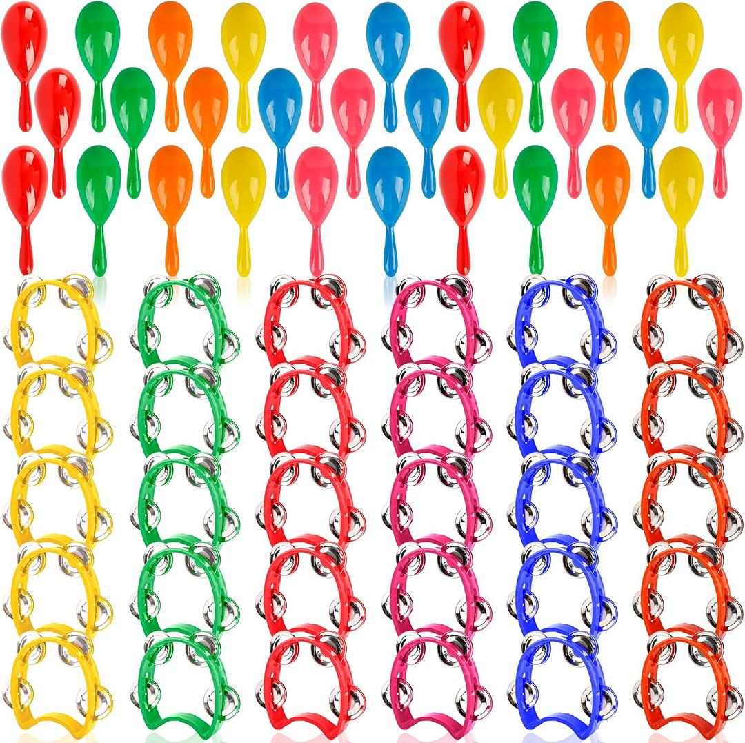 60 Pcs Shaker Musical Instruments Set Including 30 Mini Maracas Shakers 30 Handheld Plastic Tambourine for Kids Preschool Early Music Learning