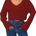 MakeMeChic Women's Cream Cropped Sweater Knit Crop Top Sweater V Neck Drop Shoulder Long Sleeve Pullover Burgundy Medium