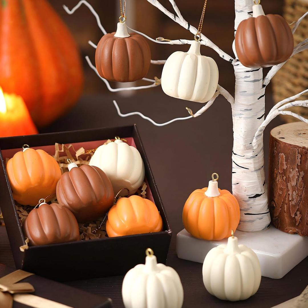 Hiboom 12 Pcs Fall Resin Pumpkin Ornaments for Tree Rustic Vintage Resin Pumpkins, Farmhouse Thanksgiving Hanging Decors for Autumn Thanksgiving Harvest Party Decorations(Bright Color, Neutral)