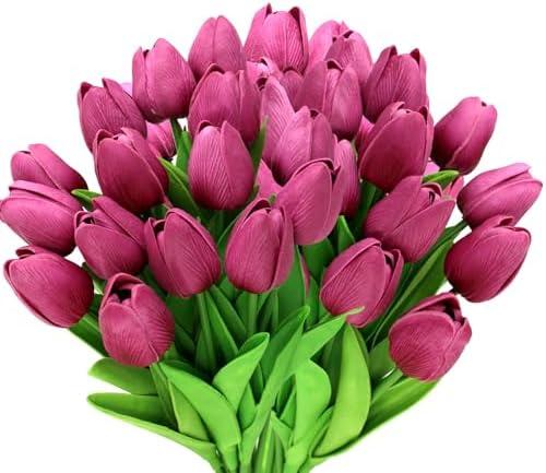 Pseutio 28pcs Hot Pink Flowers Artificial Tulip Stems Real Feel PU Tulips for Easter Spring Wreath Wedding Bouquet Centerpiece Floral Arrangement Cemetery Table Décor 13" Tall
