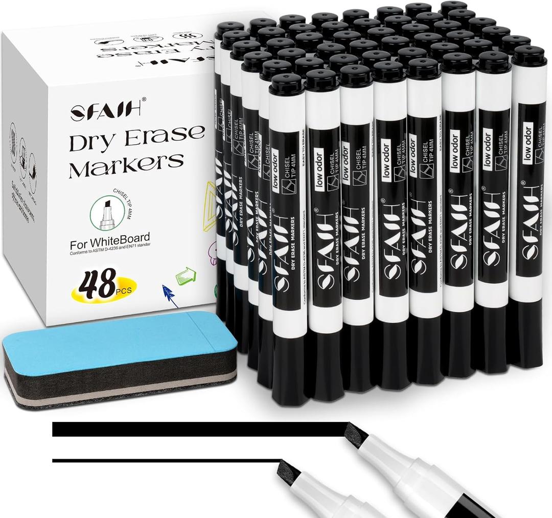 SFAIH Dry Erase Markers Chisel Tip with Magnetic Whiteboard Eraser, 48 Bulk Pack Black White Board Markers for Teachers, Versatile Lines, 1s Quickly Dry, Essential Supplies for Office Teacher