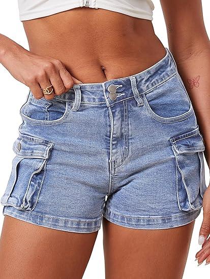 ELLEVEN Women's High-Stretch Cargo Shorts, Y2K Mini, High Waisted, Slim-Fitted Jean Shorts with Pockets - Denim Blue, Large