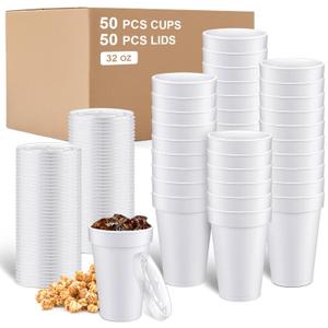 Sabary 50 Pack 32 oz Insulated Foam Cups with Lids White Disposable Coffee Cups with Lids Insulated Beverage Disposable Cups for Coffee Tea Hot Cocoa Soup Soda Juice Hot Cold Drinks