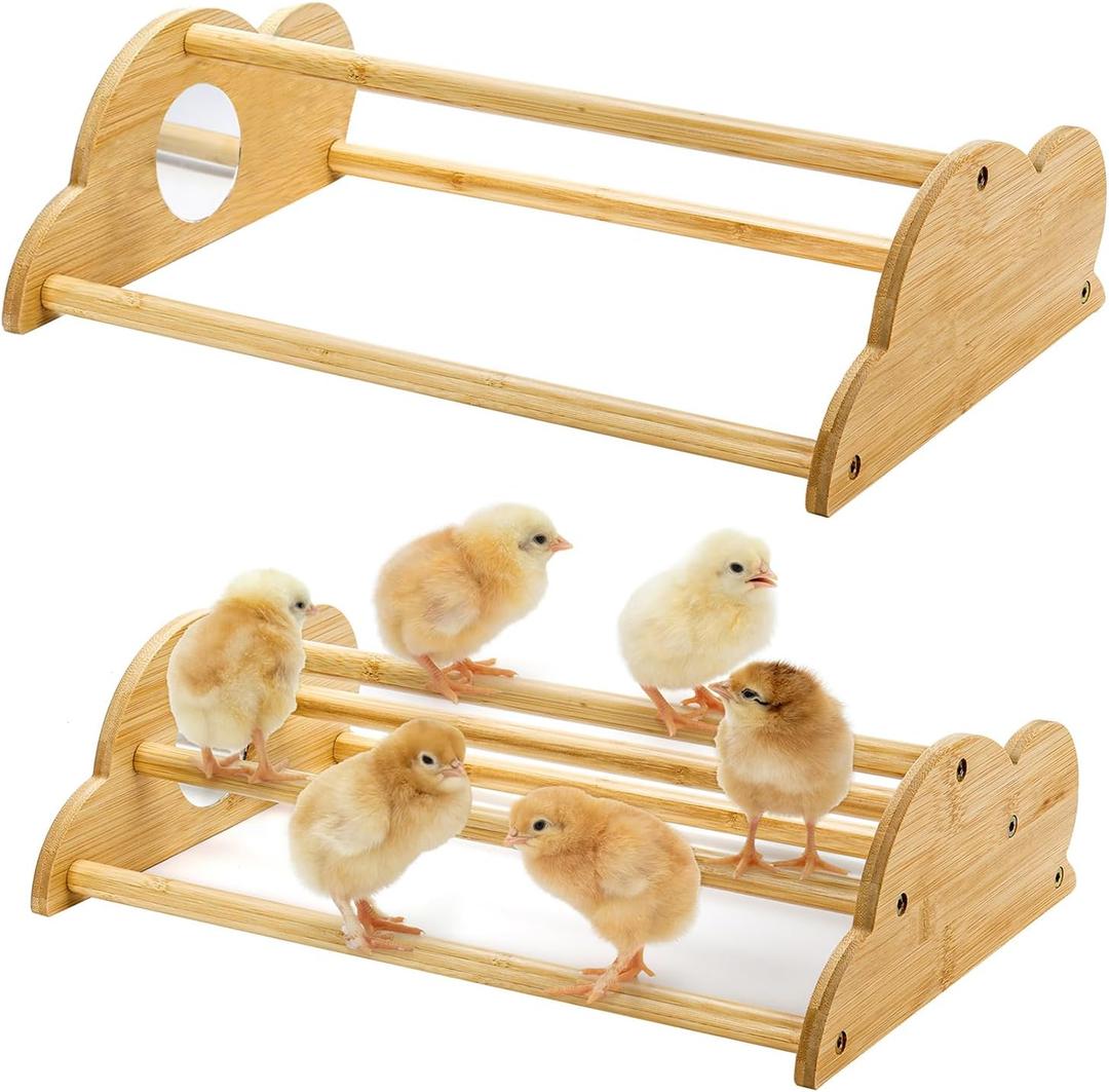 Frcctre 2 Pack Bamboo Chicken Perch, Freestanding Roosting Bar Set Baby Chick Stand Training Perch Chicken Jungle Gym with Built-in Mirrors for Brooder, Coop, Hens