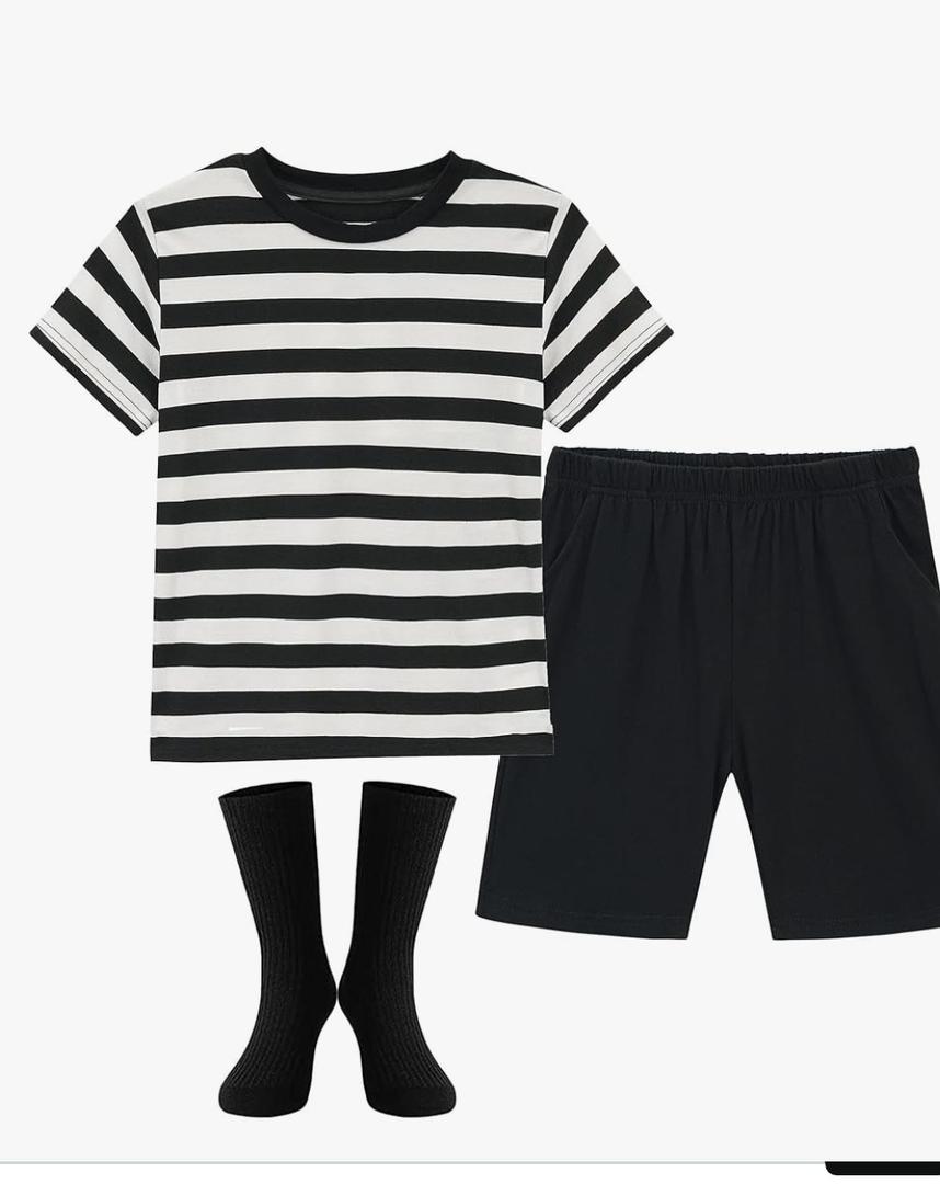 Halloween Costumes for Boys- Black and White Striped Shirt, Black Short and Tube Socks. Size 10