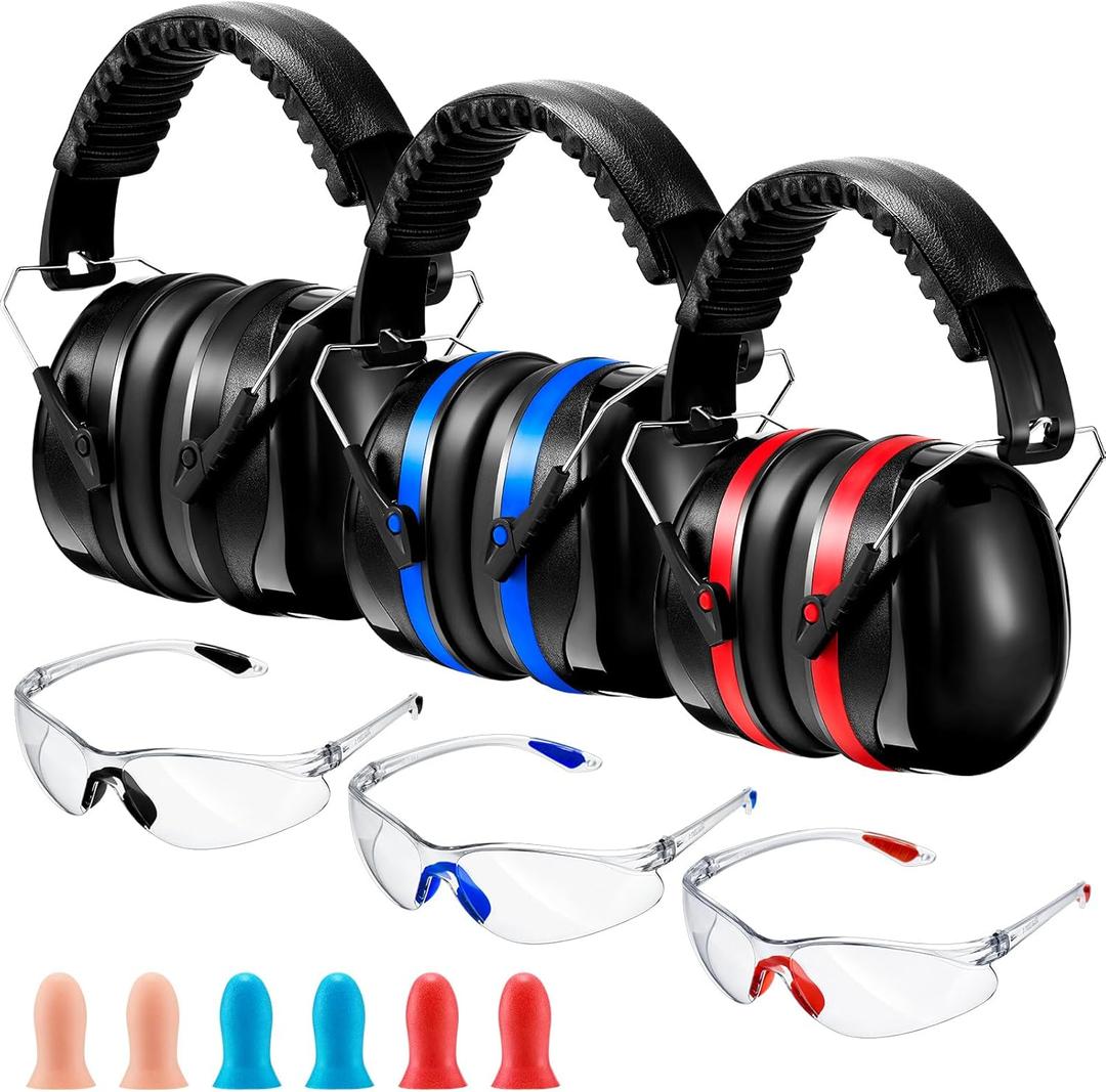 TrelaCo 3 Pack Shooting Ear Protection for Gun Range, Hearing Protection Ear Muffs 28dB with Shooting Eye Glasses, Earplugs (Red, Blue, Black)