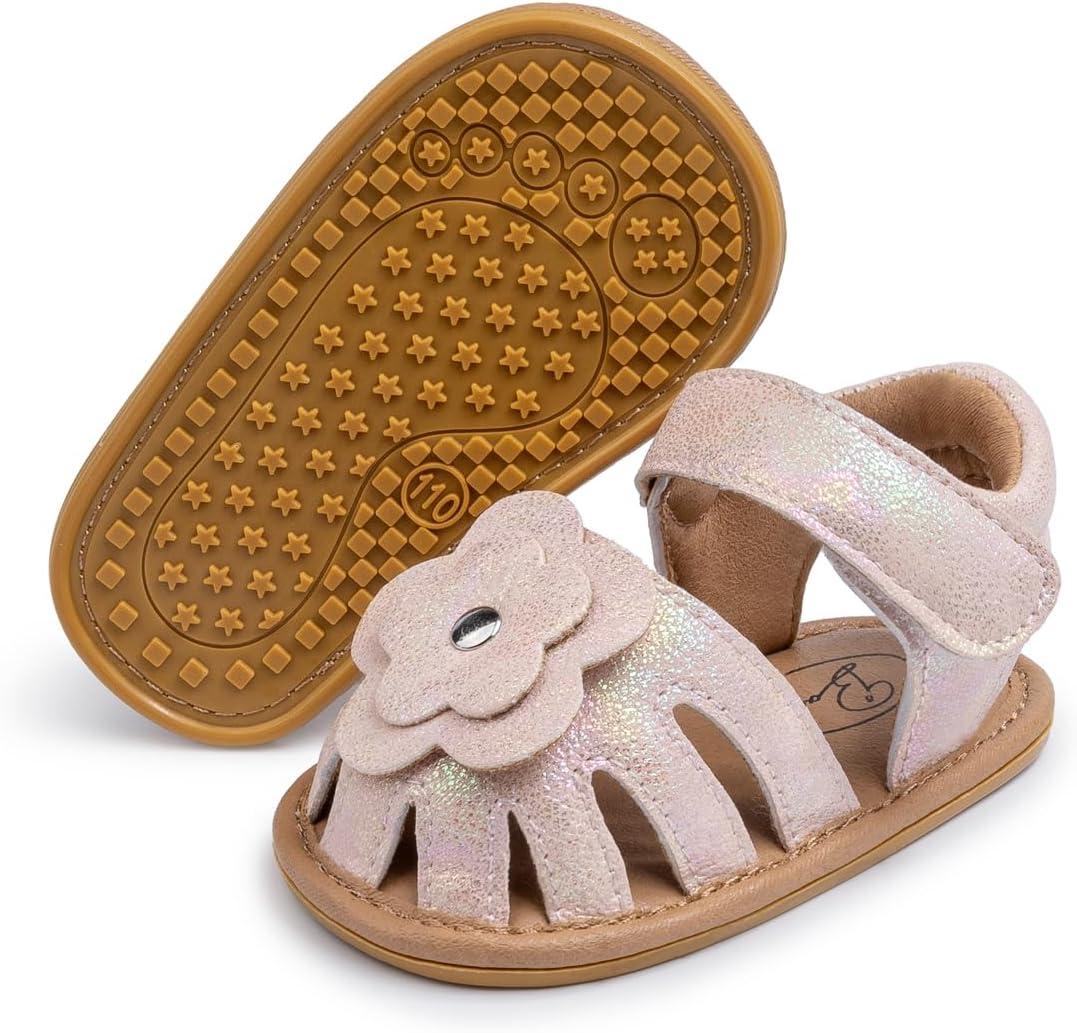 Meckior Baby Toddler Infant Girls PU Leather Soft Open Toe Summer Sandals Flower Princess Flat Shoes (Pink)
