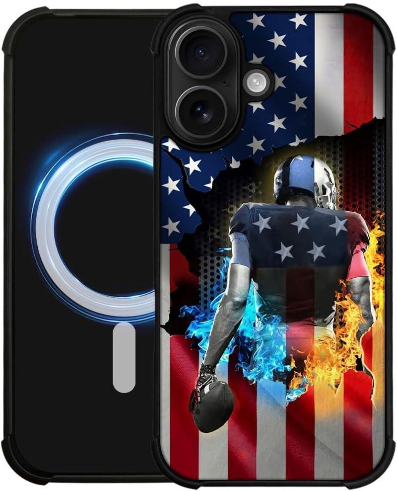 DJSOK Case for iPhone 17,Compatible with MagSafe,Anti-Scratch Shockproof Case,Ice and Fire Rugby Football American Flag