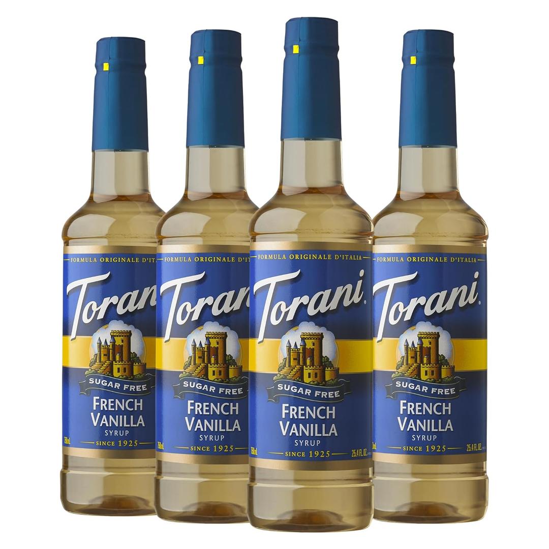 Torani Sugar-Free Syrup, French Vanilla, 25.4 Fl Oz Bottle (Pack of 4) (EXP 03/30/28)