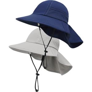 Toddler Baby Sun Hat Kids Summer UPF 50+ for Boys Girls Adjustable Beach Hats with Bucket Wide Brim Age 1-7 Years (2 Pack (Grey + Navy))