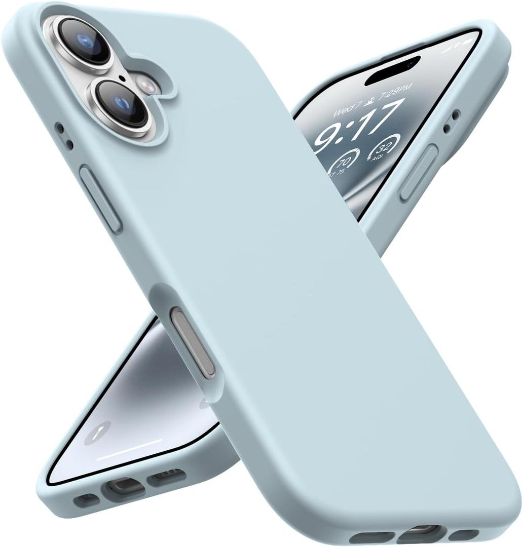 OuXul Designed for iPhone 16 Case,Shockproof Liquid Silicone Protective Phone Case with Soft Anti-Scratch Microfiber Lining Ultra Slim Drop Protection Phone Cover 6.1 inc (Light Blue)