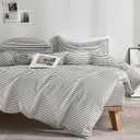 JELLYMONI 100% Natural Cotton 3pcs Striped Duvet Cover Sets,White Duvet Cover with Grey Stripes Pattern Printed Comforter Cover,with Zipper Closure & Corner Ties (Queen Size)