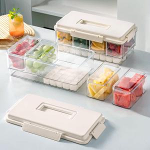 MANO 2pack Chilled Condiment Caddy with Lid Iced Snackle Box Container for Fruit Veggie Serving Tray with Handle Divided Garnish Tray Server Outdoor Camping Picnic Fridge Storage, Beige