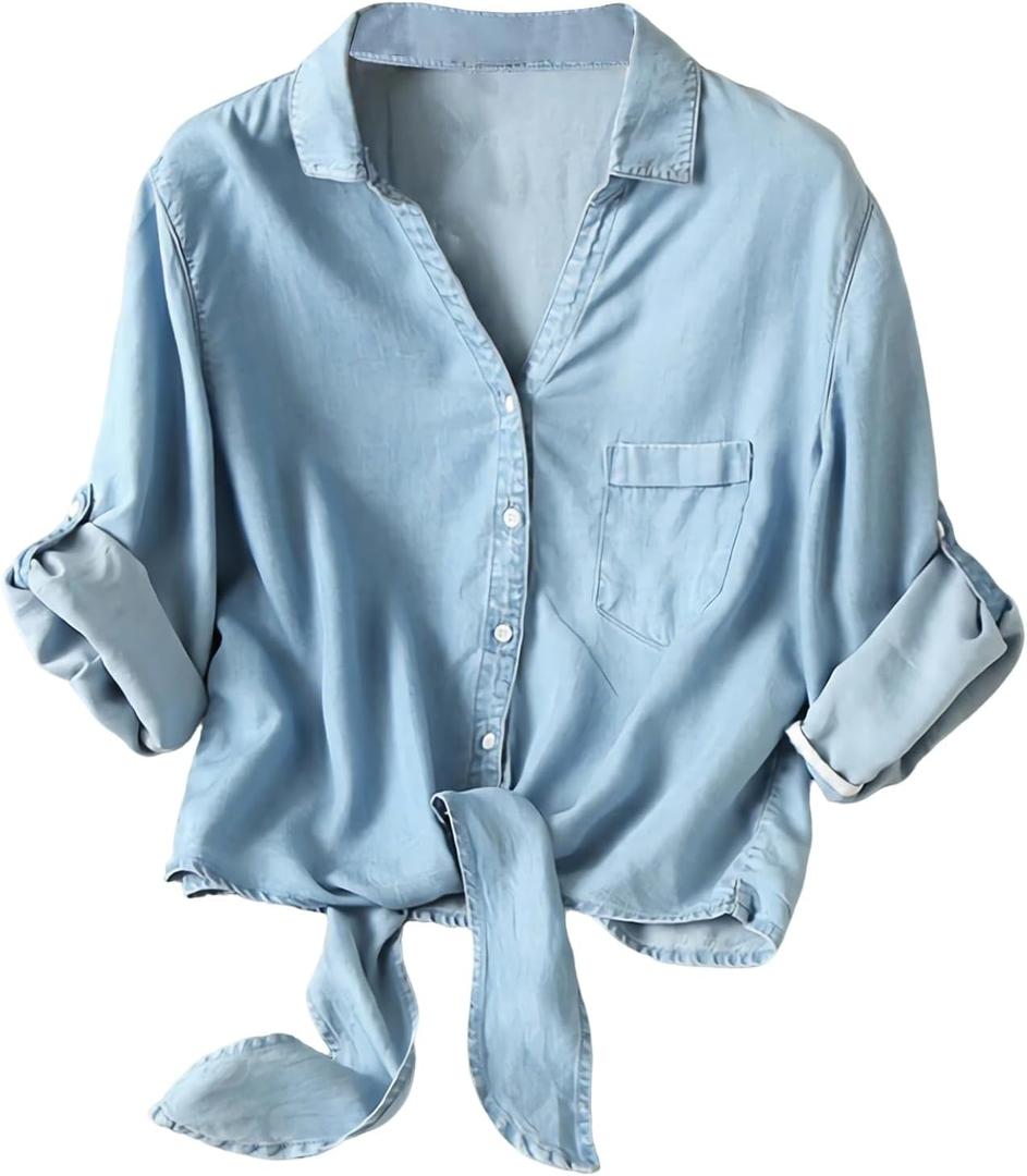 Dauocie Women's Front Tie Tops Casual 3/4 Roll Up Sleeve Button Up Shirts with Pocket (Blue, XXL)